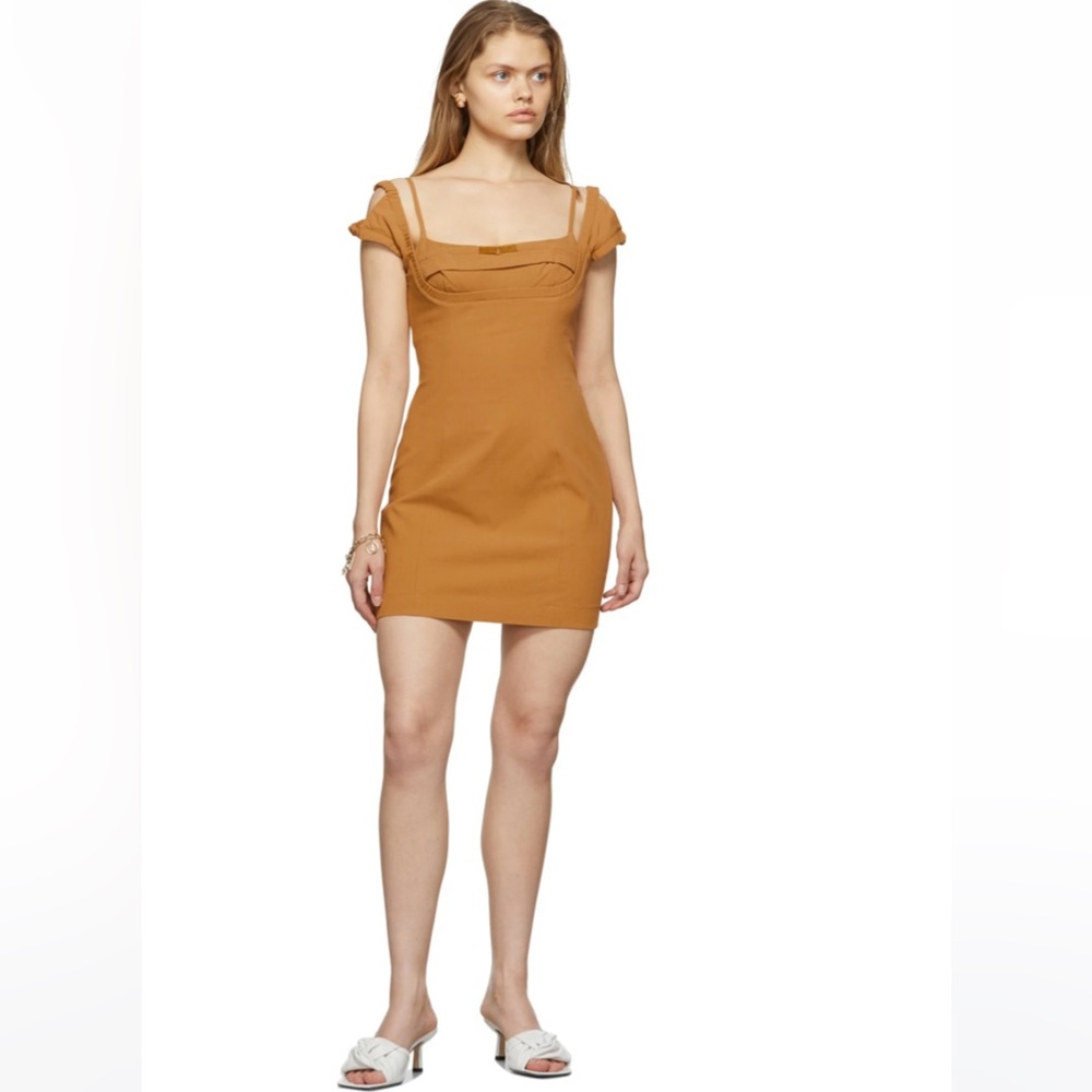 Jaquemus tan linen blend bustier style mini dress🥰💕 size xs 34